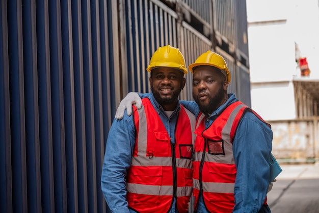 Concepto de trabajador afroamericano del equipo Trabajo en equipo de trabajadores afroamericanos trabajando en contenedores de almacén para el equipo logístico de importación y exportación Trabajador de hombre negro