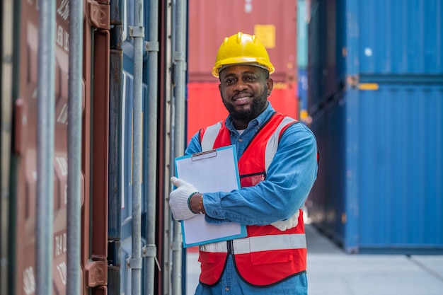 Concepto de trabajador afroamericano Trabajador afroamericano que trabaja en contenedores de almacén para exportación de importación logística