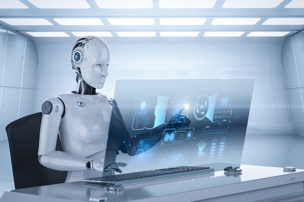 Concepto de trabajador de automatización con cyborg femenino de representación 3d que trabaja en la oficina