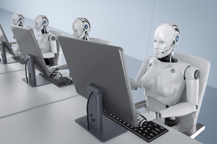 Foto concepto de trabajador de automatización con renderización 3d grupo de cyborgs femeninas o robots que trabajan en computadora de escritorio