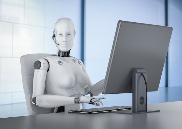 Concepto de trabajador de automatización con renderización 3D de trabajo de cyborg o robot femenino en computadora de escritorio
