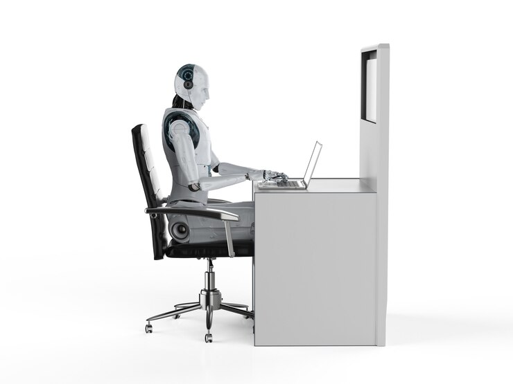 Foto concepto de trabajador de automatización con robot de renderizado 3d que trabaja en la oficina