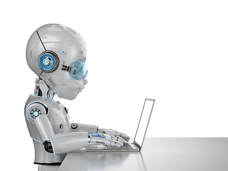 Foto concepto de trabajador de oficina de automatización con render 3d lindo robot trabaja con ordenador portátil aislado sobre fondo blanco.