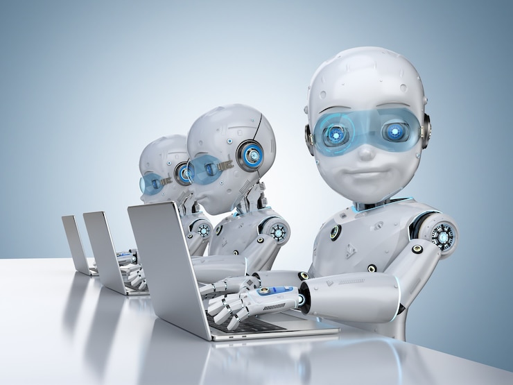 Foto concepto de trabajador de oficina de automatización con renderizado 3d grupo de robots lindos trabajan con computadora portátil