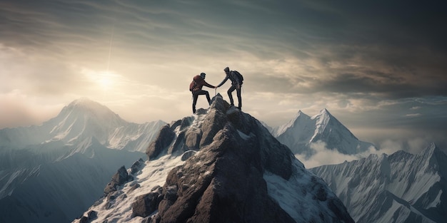 Concepto de trabajo en equipo con el hombre ayudando al amigo a llegar a la cima de la montaña