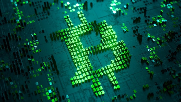 Concepto de transacción de criptomoneda Moneda digital Bitcoin Monedero cripto Blockchain Minería Ilustración 3d