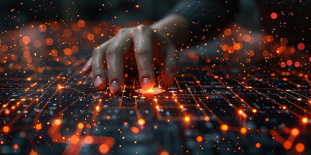 Concepto de transformación digital para la era de la tecnología de próxima generación AI Aprendizaje automático Manos que interactúan con la estructura de grandes datos Conexiones de redes digitales y transformación de datos