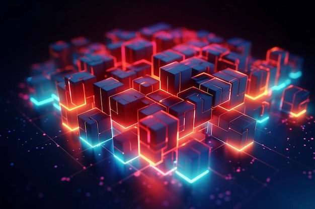 Concepto de transformación digital que muestra un neón vibrante de cubos 3D brillantes isométricos