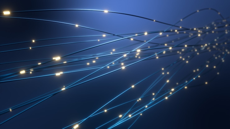 Foto el concepto de transmisión de señal a través de una fibra óptica.