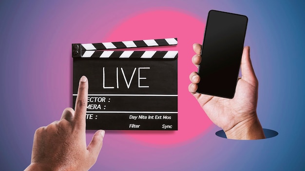 Concepto de transmisión en vivo Clapperboard de película táctil del lado izquierdo