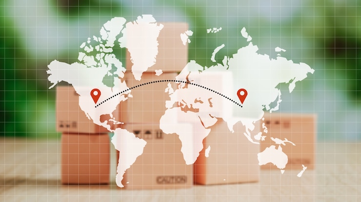 Foto el concepto de transportar mercancías por todo el mundo de un punto a otro.