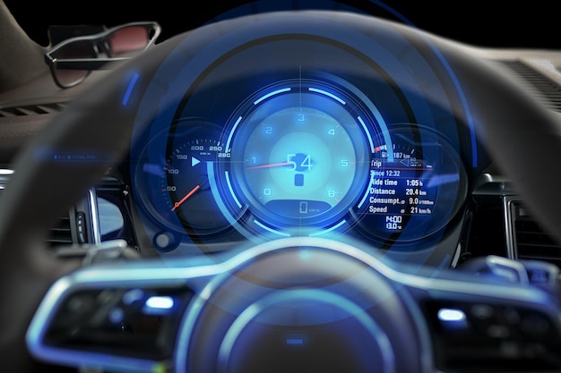 Concepto de transporte, conducción y tecnología: primer plano del salpicadero del coche con velocímetro y tacómetro