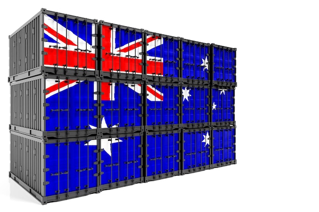 El concepto de transporte de contenedores de exportación e importación de Australia y entrega nacional de mercancías contenedor de ilustración 3D con la bandera nacional de Australia vista frontal