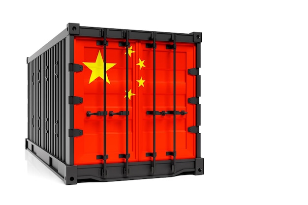 El concepto de transporte de contenedores de exportación e importación de China y entrega nacional de mercancías El contenedor de transporte con la bandera nacional de China vista frontal