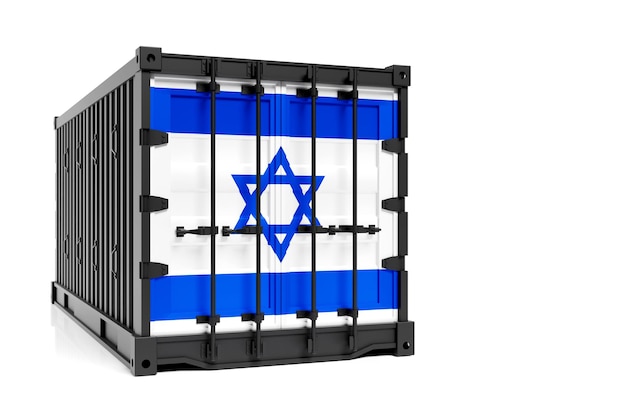 El concepto de transporte de contenedores de exportación e importación de Israel y entrega nacional de mercancías contenedor de ilustración 3D con la bandera nacional de Israel vista frontal