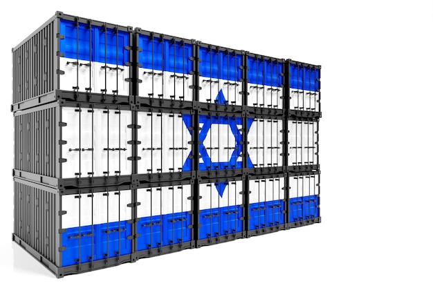 El concepto de transporte de contenedores de exportación e importación de Israel y entrega nacional de mercancías El contenedor de transporte con la bandera nacional de Israel vista frontal