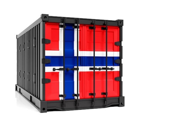 El concepto de transporte de contenedores de exportación e importación de Noruega y entrega nacional de mercancías contenedor de ilustración 3D con la bandera nacional de Noruega vista frontal