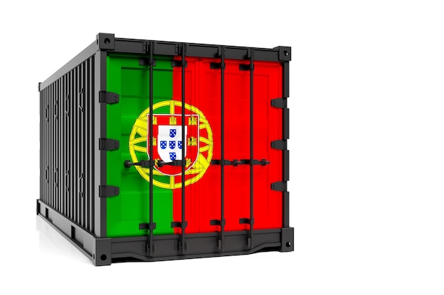 El concepto de transporte de contenedores de exportación e importación de Portugal y entrega nacional de mercancías contenedor de ilustración 3D con la bandera nacional de Portugal vista frontal