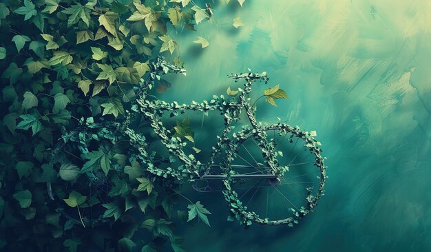 Concepto de transporte ecológico una bicicleta cubierta de hojas verdes exuberantes que ilustran la naturaleza