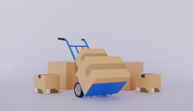 Concepto de transporte y entrega de camiones de mano y cajas de cartón marrón