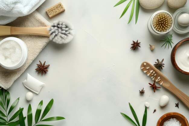 Concepto de tratamiento de spa de colocación plana con productos naturales y cepillo