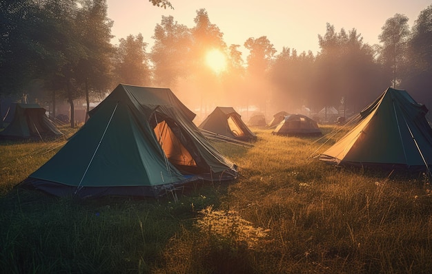 Concepto de turismo Amanecer en un bosque de niebla con una carpa solitaria El hombre vive en el bosque