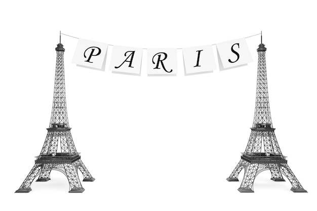 Concepto de turismo de Francia. Signo de París en la cuerda con la Torre Eiffel sobre un fondo blanco.