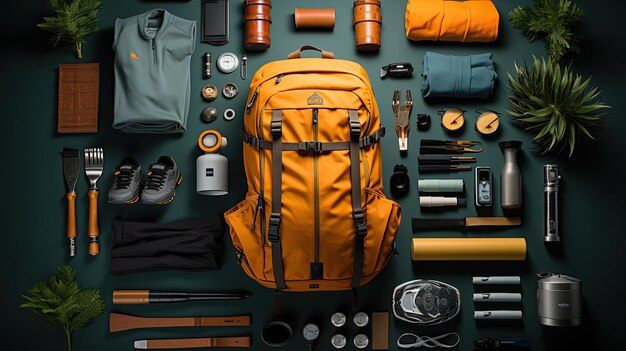 El concepto de turismo y senderismo flatlay de la mochila