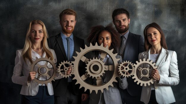 Foto el concepto de unidad y trabajo en equipo en el lugar de trabajo corporativo simbolizado por un trabajador de oficina sosteniendo la rueda dentada