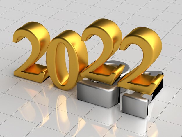 Concepto de vacaciones de año nuevo 2022. El número de oro 2022 se encuentra en 2021. Representación 3D