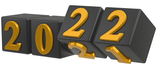 Concepto de vacaciones de año nuevo. Los cubos con el número 2022 reemplazan a 2021. Representación 3d