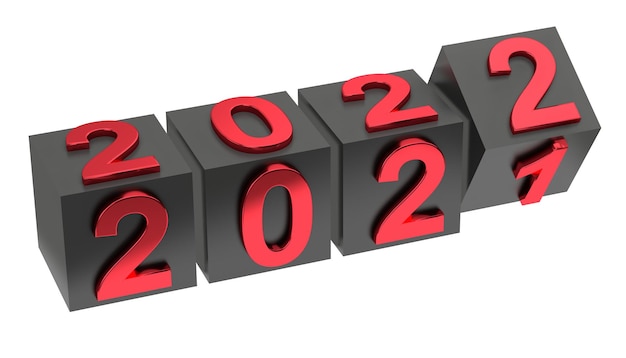 Concepto de vacaciones de año nuevo. Los cubos con el número 2022 reemplazan a 2021. Representación 3d