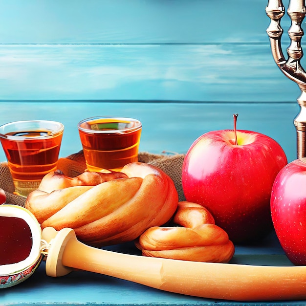 Concepto de vacaciones de año nuevo judío de rosh hashaná Símbolos tradicionales