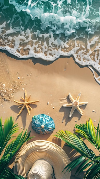 Concepto de vacaciones con antecedentes de vacaciones en la playa con elementos vegetales naturales