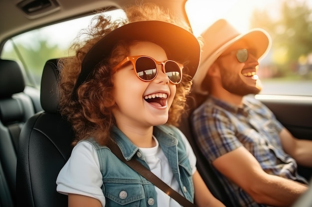 Concepto de vacaciones en coche de viaje por carretera Familia feliz conduciendo coche para el fin de semana