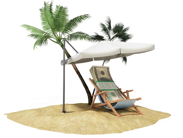 Concepto de unas vacaciones de crédito Concepto de viaje Cien billetes de dólares en una tumbona bajo un paraguas en la playa renderizado en 3D en blanco