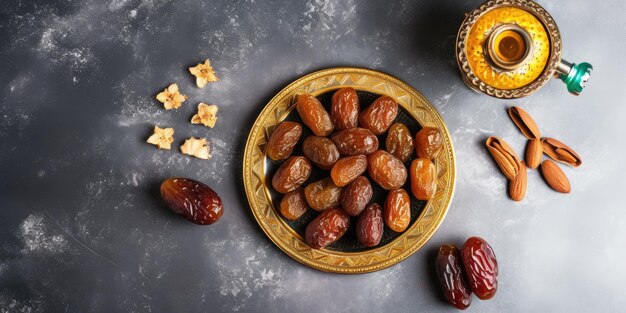 Concepto de vacaciones Eid al Fitr con dátiles secos dulces, frutas y decoraciones sobre fondo brillante