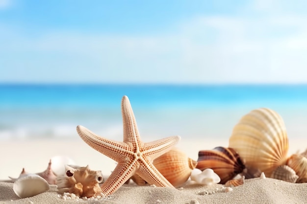 Concepto de vacaciones estrellas de mar y conchas marinas en la playa