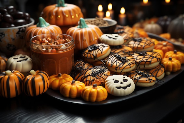 Concepto de vacaciones de galletas de Halloween de calabaza