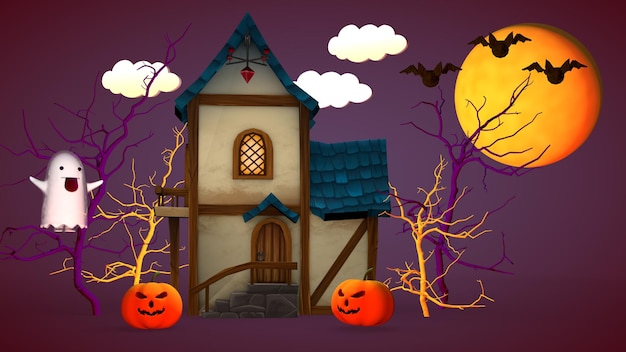 Concepto de vacaciones de Halloween Una pequeña casa con calabazas y una representación 3D fantasma divertida