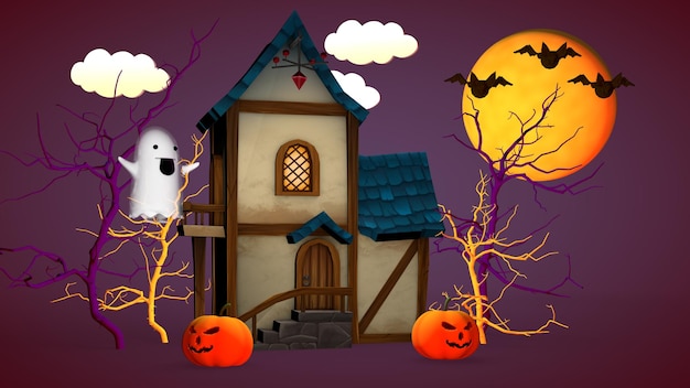 Concepto de vacaciones de Halloween Una pequeña casa con calabazas y una representación 3D fantasma divertida