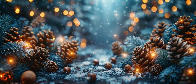 Concepto de vacaciones de invierno con marco fotográfico iluminación estrellas brillantes ramas de abeto conos de pino y bellotas