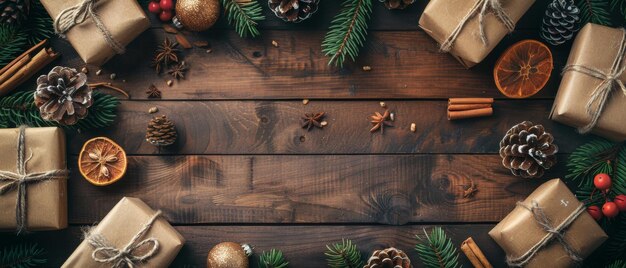 Foto concepto de vacaciones de invierno vista superior paquete de regalos pergaminos ramas de abeto herramientas en una mesa de madera en mal estado mesa de trabajo para hacer decoraciones de año nuevo hechas a mano