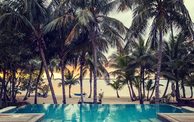 concepto de vacaciones, playa, verano y ocio - piscina en la playa tropical
