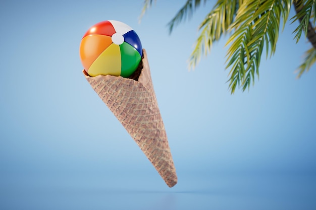 El concepto de vacaciones de verano una bola en una taza de gofres en lugar de helado con una representación 3D de hojas de palma