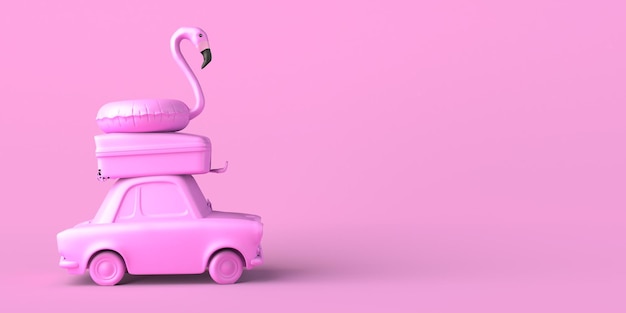 Concepto de vacaciones de verano con maleta de coche y flotador de flamencos inflables Ilustración 3D del espacio de copia