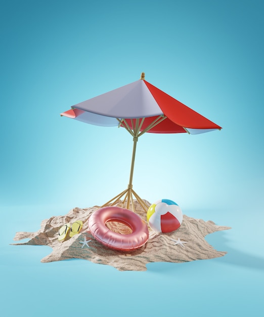 Concepto de vacaciones de verano. Representación 3D de sombrilla de playa