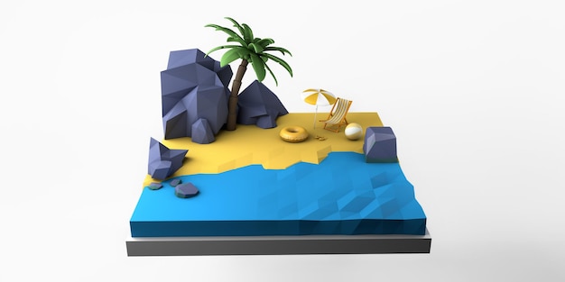 Concepto de vacaciones de verano con sombrilla de isla, silla de playa y flotador Copiar espacio Ilustración 3D