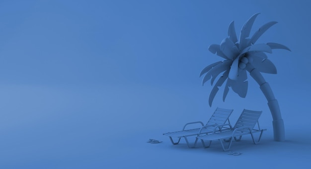 Concepto de vacaciones de verano con tumbonas de playa y palmera Copia espacio Ilustración 3D