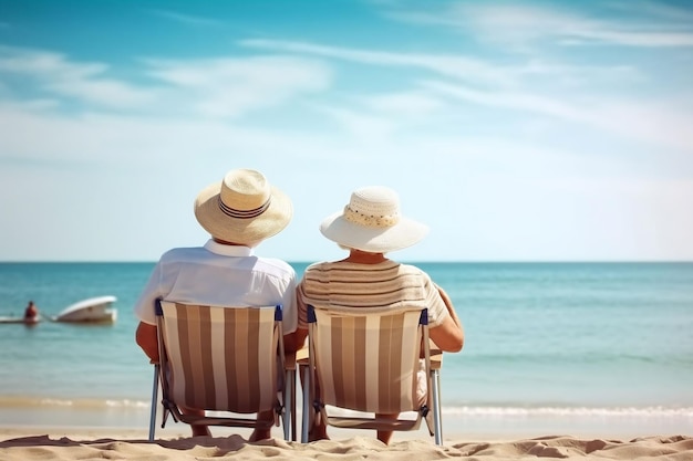 Concepto de vacaciones de viaje de jubilación de estilo de vida saludable Relajante pareja senior en la playa